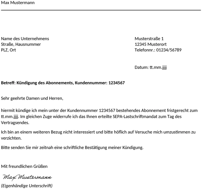 Abonnement-Kuendigung