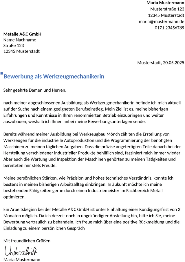 Bewerbung-Werkzeugmechaniker-Berufseinstieg
