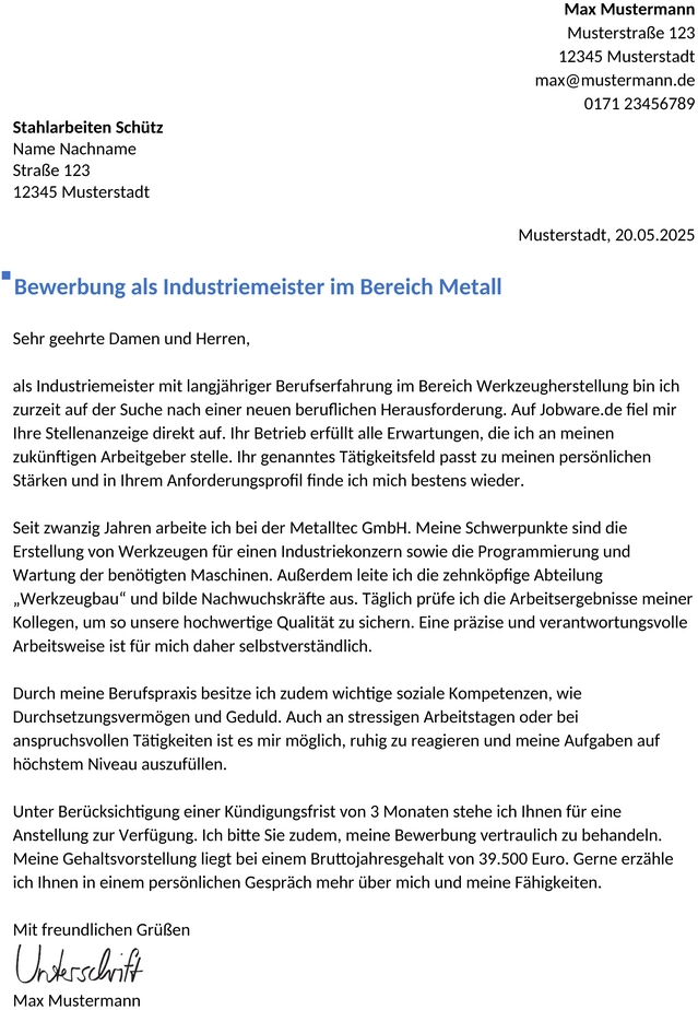 Bewerbung-Werkzeugmechaniker-Berufserfahren