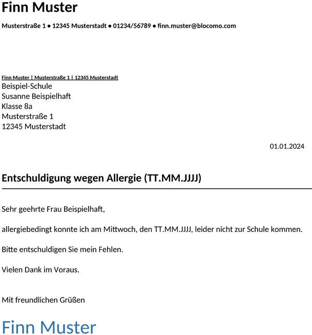 Entschuldigung-Schule-Allergie-Vorlage