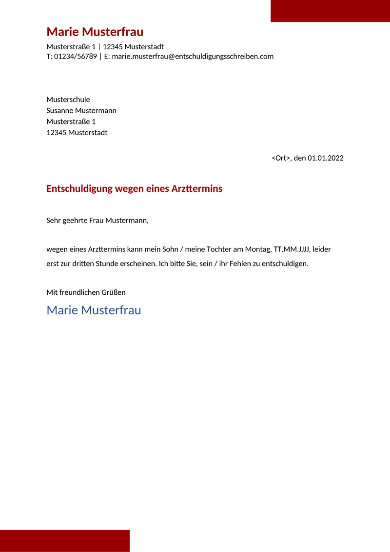 Entschuldigung-Schule-Arzttermin