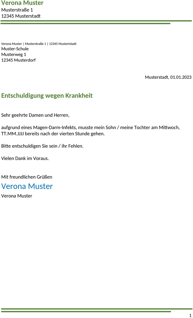 Entschuldigung-Schule-Krankheit-Muster