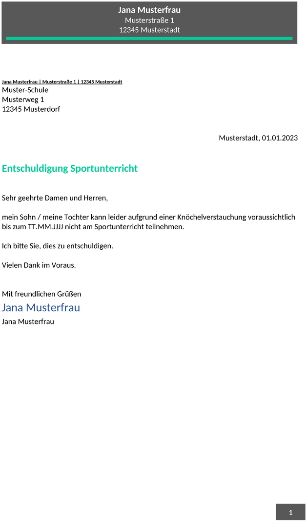 Entschuldigung-Sportunterricht-Vorlage