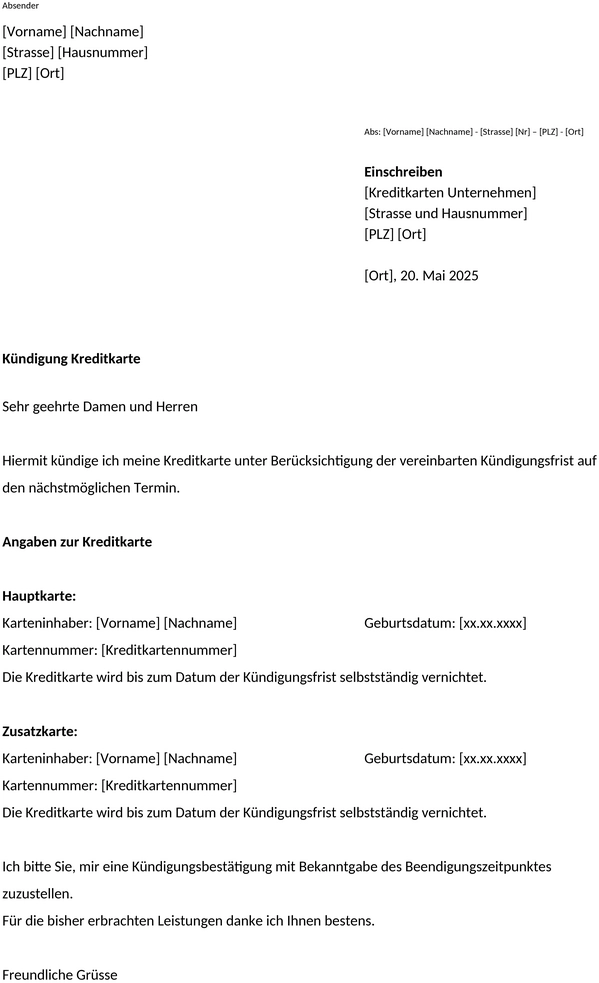 Kuendigung-Kreditkarte-Muster
