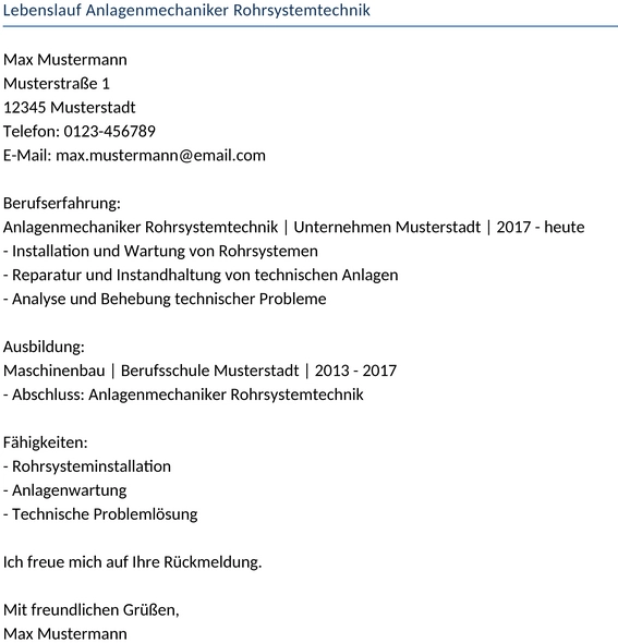 Lebenslauf-Anlagenmechaniker-Rohrsystemtechnik