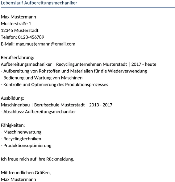 Lebenslauf-Aufbereitungsmechaniker