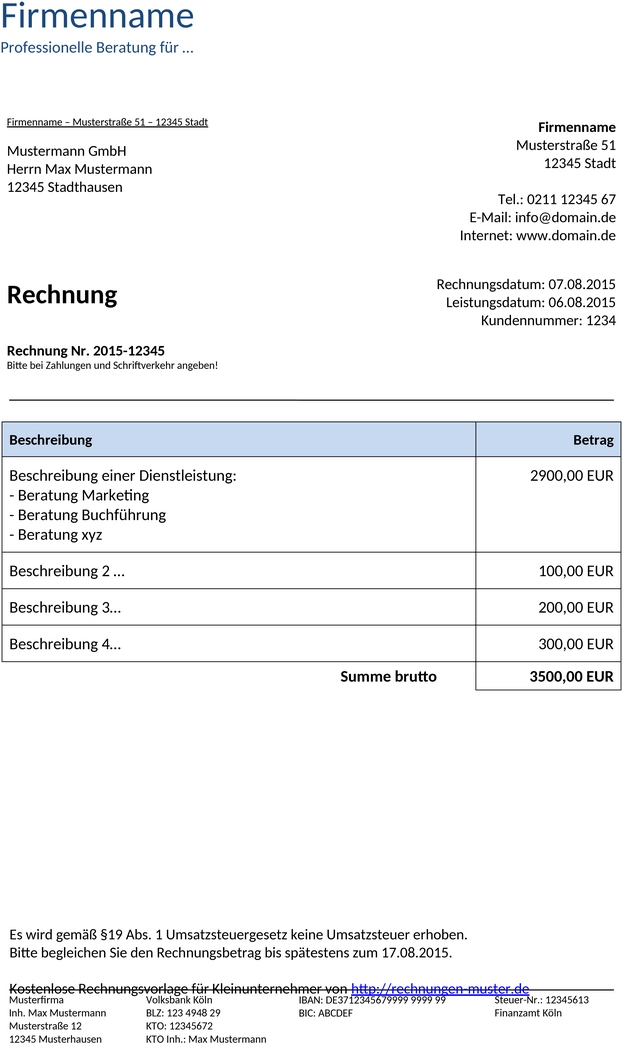 Rechnungsvorlage-Kleinunternehmerregelung