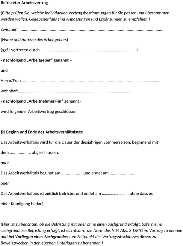 arbeitsvertrag-befristet-vorlage