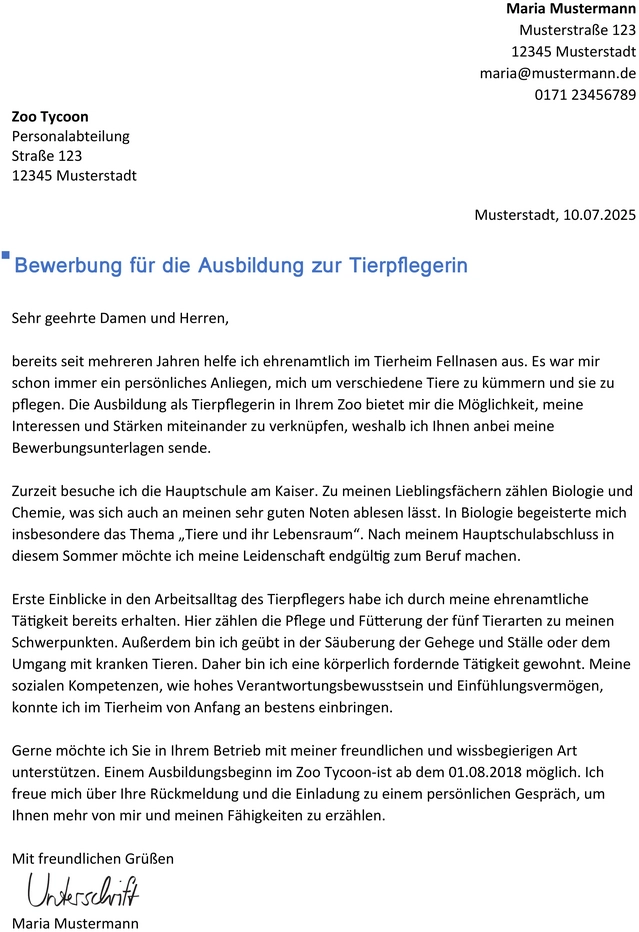 bewerbung-vorlage-ausbildung-tierpflegerin