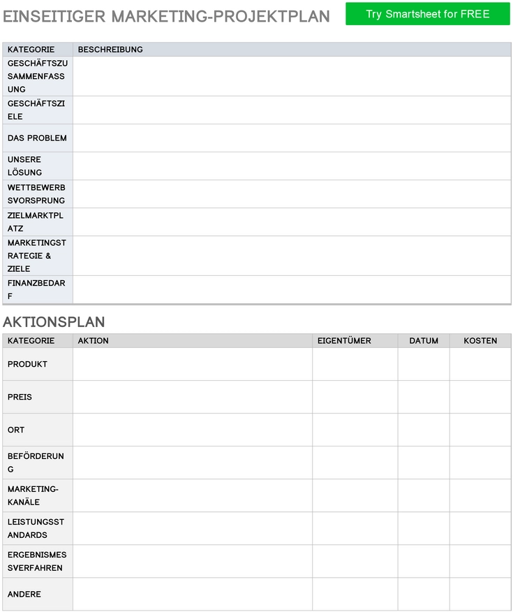 einseitiger-marketing-projektplan-vorlage