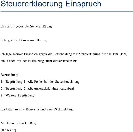 einspruch-gegen-steuererklaerung-vorlage