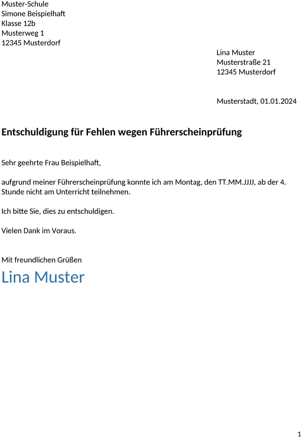 entschuldigung-fuehrerscheinpruefung-muster