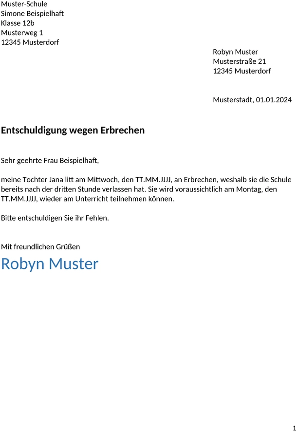 entschuldigung-schule-erbrechen-muster