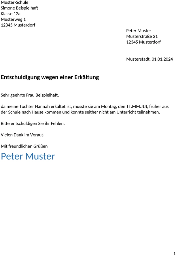entschuldigung-schule-erkaeltung-vorlage