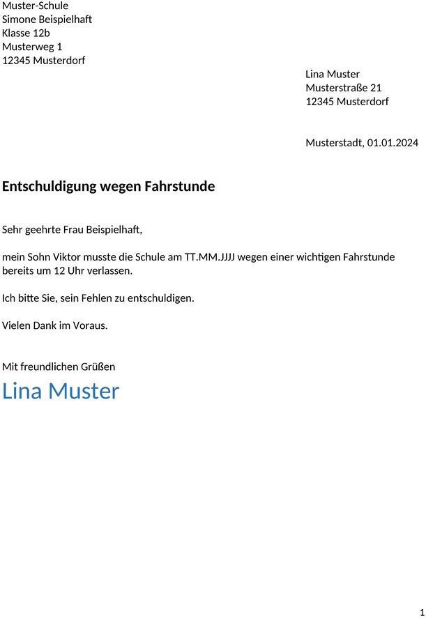 entschuldigung-schule-fahrstunde-muster