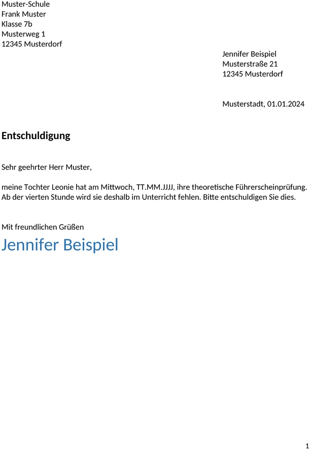 entschuldigung-schule-theoriepruefung-muster
