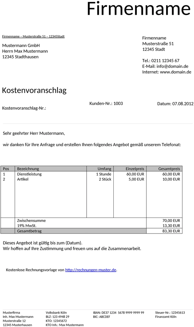 kostenvoranschlag-geschaeftsvorlage