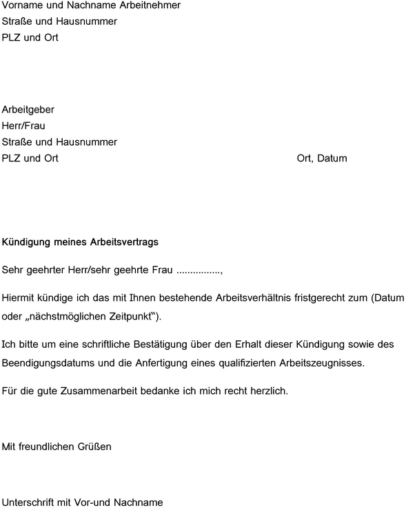 kuendigung-eines-arbeitsvertraegs-vorlage