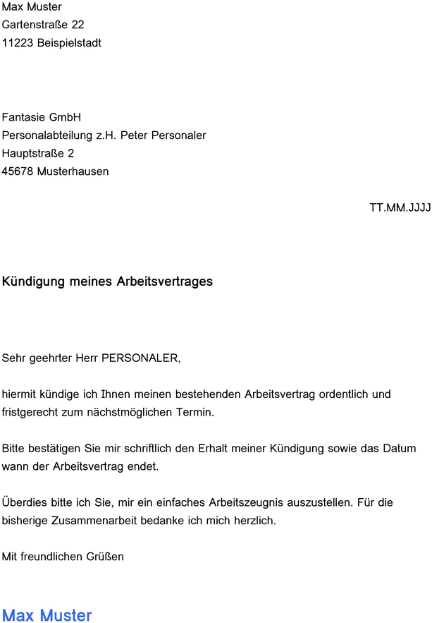 kuendigung-eines-arbeitsvertrags-muster-vorlage