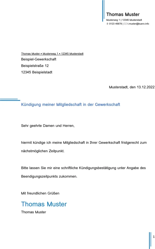 kuendigung-gewerkschaftsmitgliedschaft-vorlage