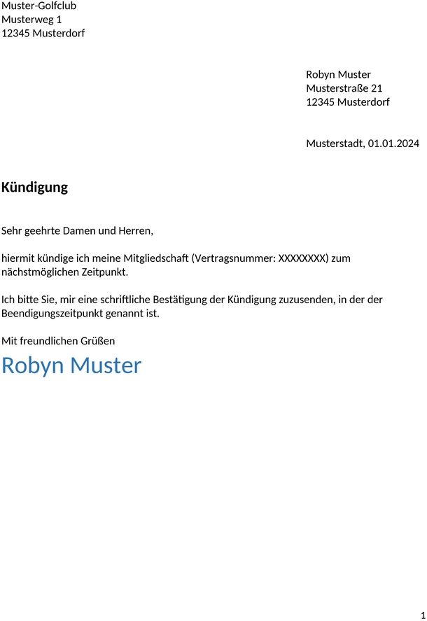 kuendigung-golfclub-muster