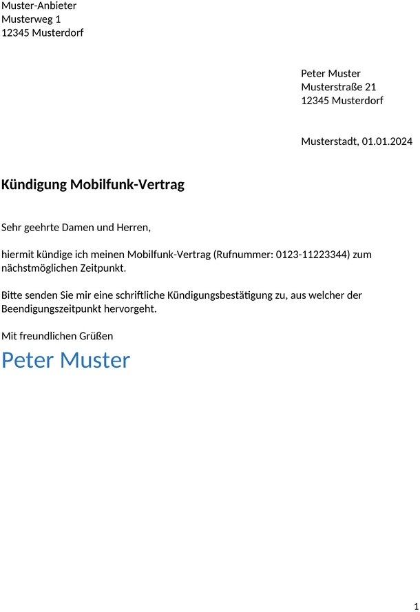kuendigung-telefonanbieter-muster
