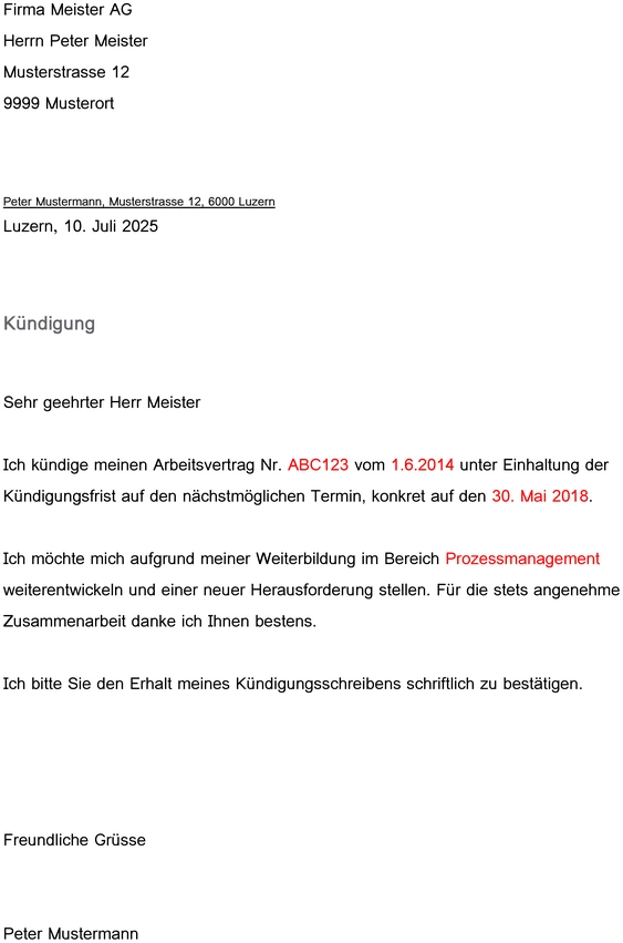 kuendigungsvorlage-arbeitsvertrag-schweiz