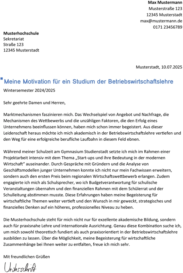 vorlage-bewerbung-studienplatz-betriebswirtschaftslehre