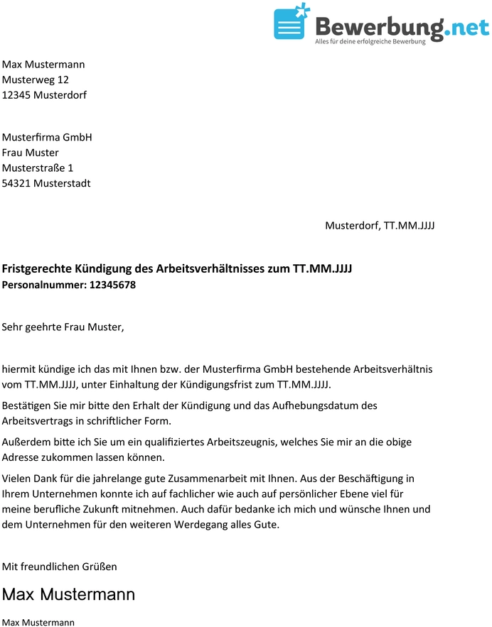 vorlage-fristgerechte-kuendigung-arbeitsverhaeltnis