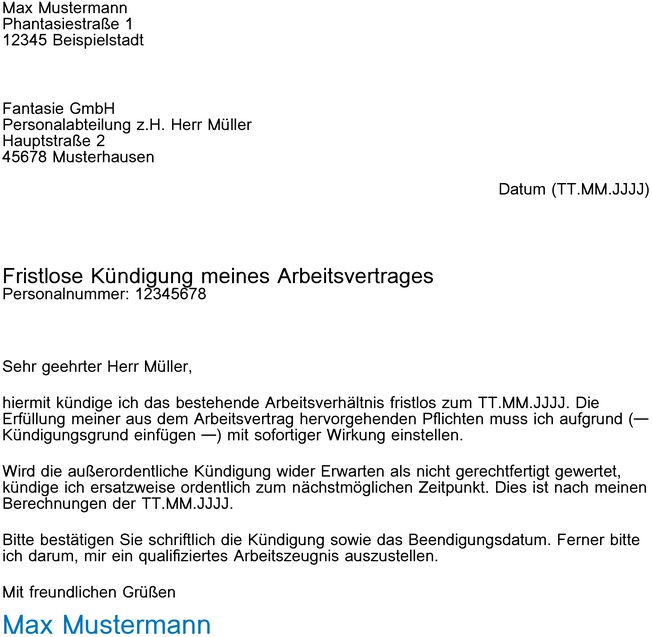 vorlage-fristlose-kuendigung-arbeitsvertrag