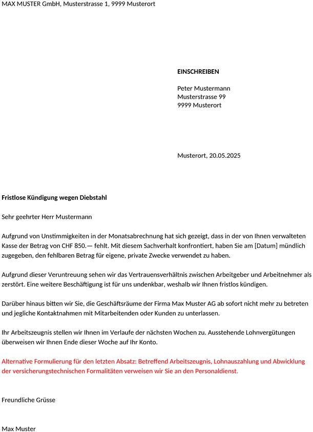 vorlage-fristlose-kuendigung-diebstahl