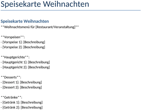 weihnachtsspeisekarte